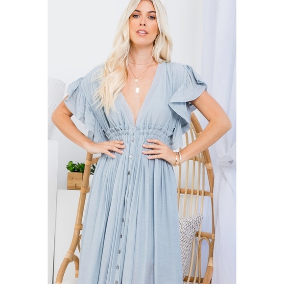 SOLD OUT Misty Blue Gauze Boho Button Short Slv Deep V Woven Gathered Maxi - Picture 2 of 7